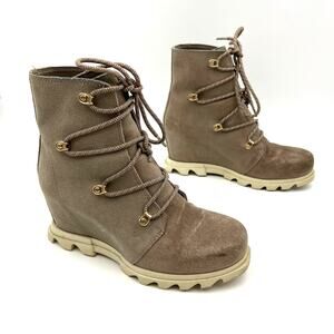 Sorel Joan of Arctic Wedge III Lace Boot Suede Ankle Bootie Gray Taupe